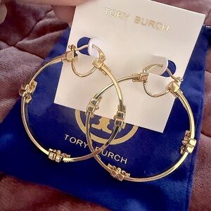 Gold Accent Hoop Tory Burch GOLD Serif-T Logo Hoop earrings with Dust Bag